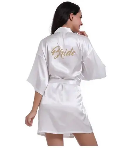 

RB70 2017 Sexy Bridal Party Robe Letter Bridesmaid on the Robe Back Women Short Satin Wedding Kimono Sleepwear Get Ready Robe