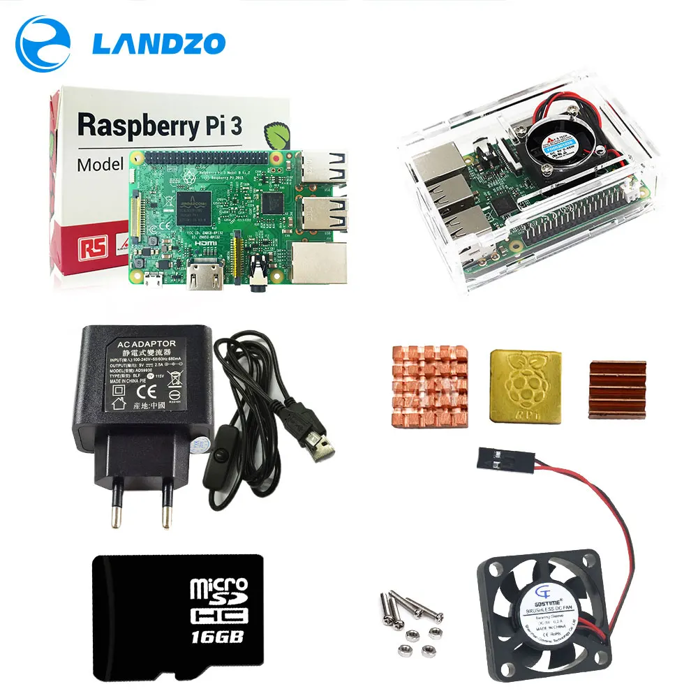 Raspberry Pi 3 ABS корпус с вентилятором 16 Гб sd карта теплоотвод и 5В 2.5A адаптер питания