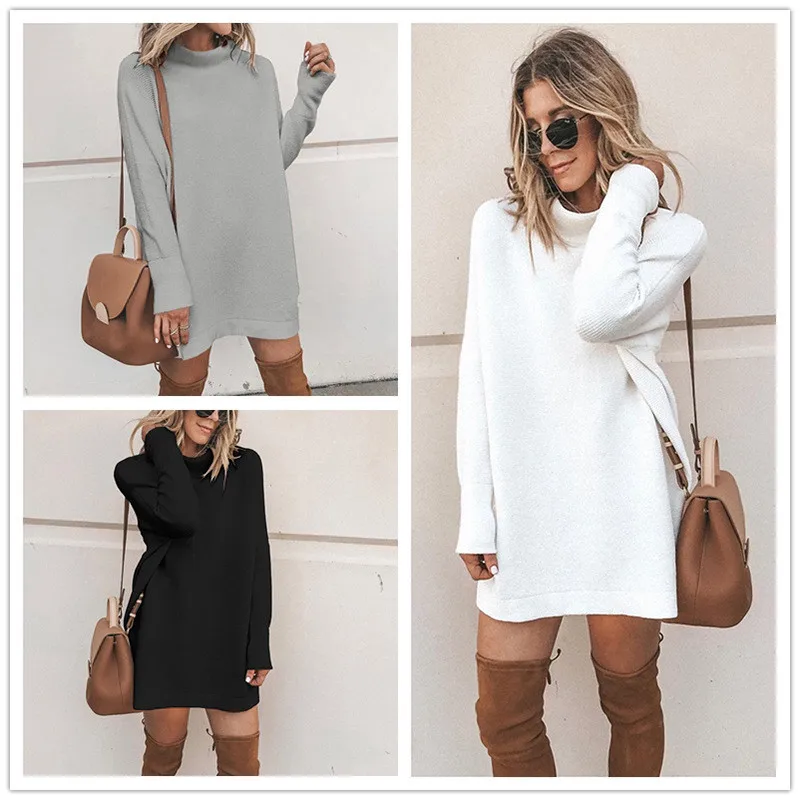 Comprare Nuovo Arrivo Delle Donne di Modo di Colore Solido Manica Lunga O Collo Semplice Vestito casual Sciolti Direttamente Vestito Femminile di Base Che Basa Vestido