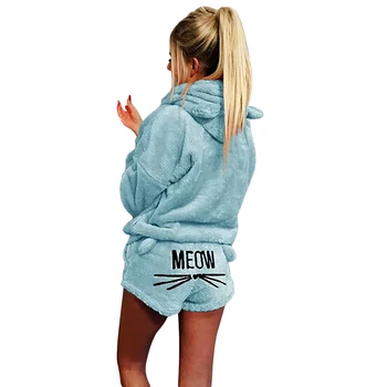 

Women Pajama mujer Sets 2 Pc Winter Flannel Embroidery Letters Cartoon Warm Pyjamas Homewear Animal Sleepwear Cat pajama femme