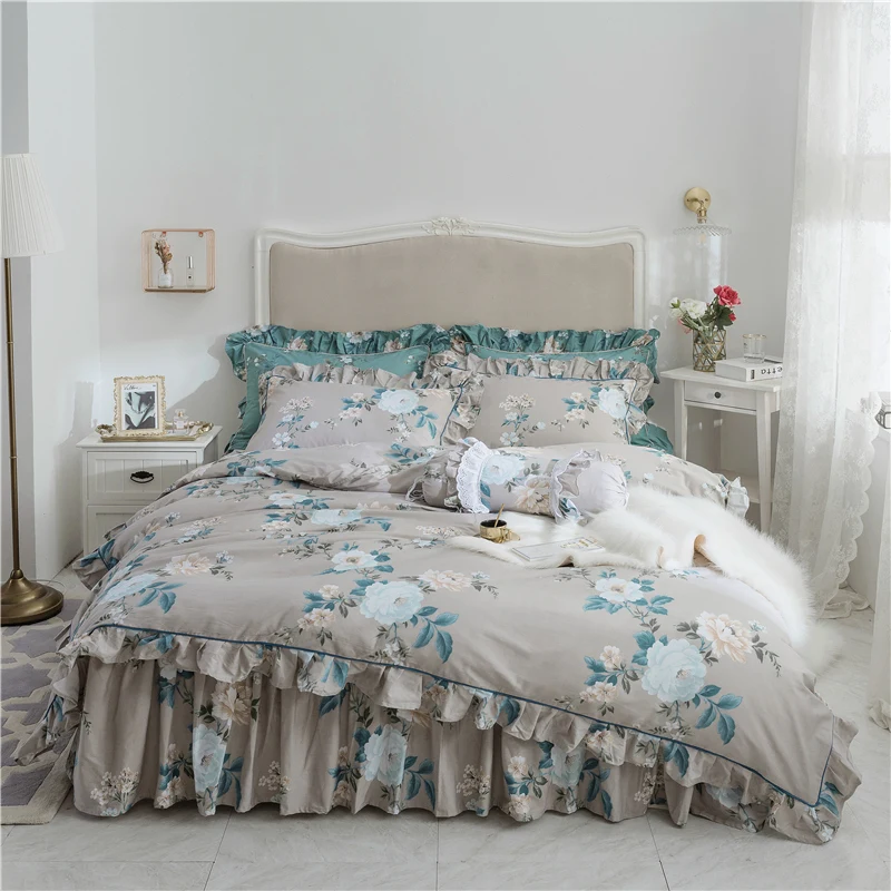 

New European flower print bedding set rustic duvet cover bedding wrinkle bedspread bed skirt for wedding pillowcase bedclothes