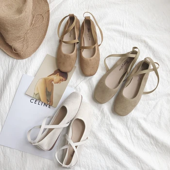 

2019 new suede square head shallow mouth cross belt flat with soft bottom soft leather ladies single shoes
