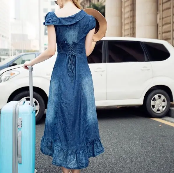 2018 NEW Jeans Dress Women maxi jean Summer Long Denim Dress mermaid ruffle Bohenim Vestido Female fishtail Jeans Dress LT015