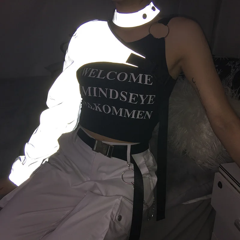 

Choker Halter Reflective Sweatshirt Women Cardigan Streetwear Smock Hoodie Holographi Buckle One Shoulder Sweatshirts
