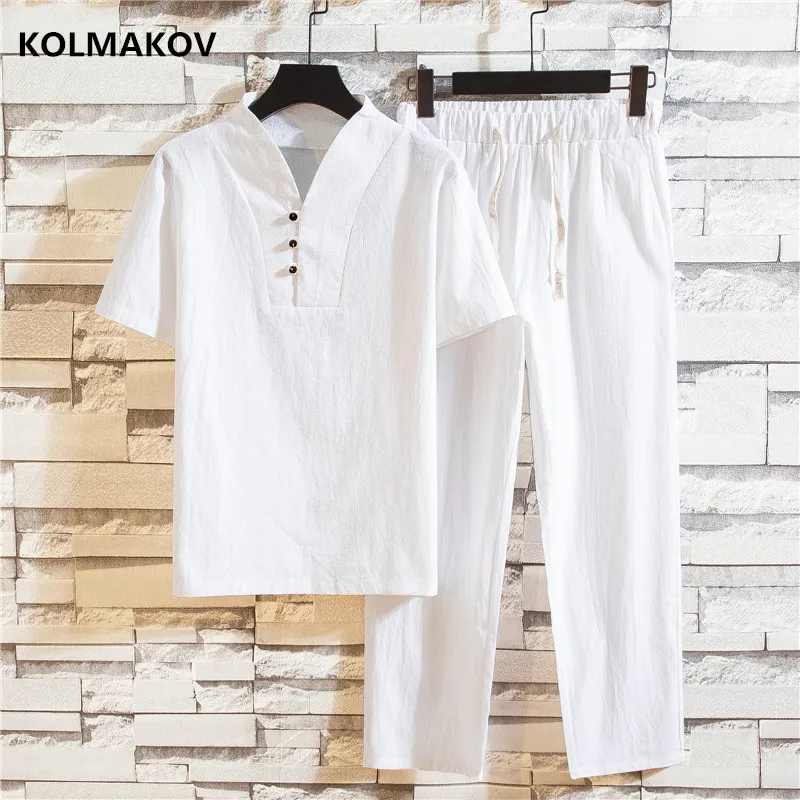 

(Shirt + trousers) 2019 summer fashion men shirt Man Cotton and linen shirts Short sleeve men's casual shirts men size M to 5XL