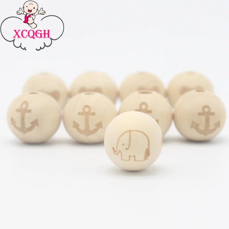 

XCQGH 20MM 20Pcs Unfinished Round Wooden Beads Anchor Elephant Pattern DIY Teether Bracelet Teething Toys