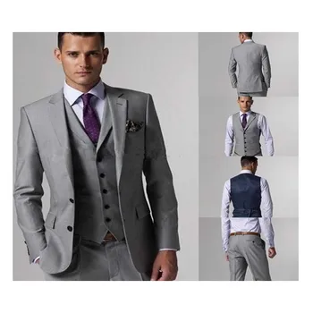 

Suits Terno Custom Made Slim Fit Light Grey Groom Tuxedo Notch Lapel Best Man Groomsmen Men Wedding Suit (jacket+pants+vest)