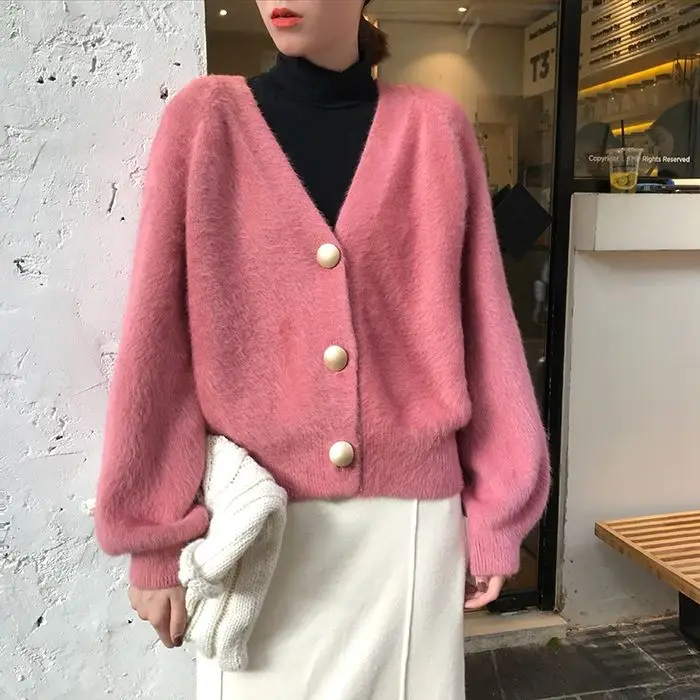 

Oversized Faux Mink Cardigan Women 2019 Autumn Winter Outerwear V-Neck Kardigan Clothes Jumper Pull Femme Loose Sweater Cardigan