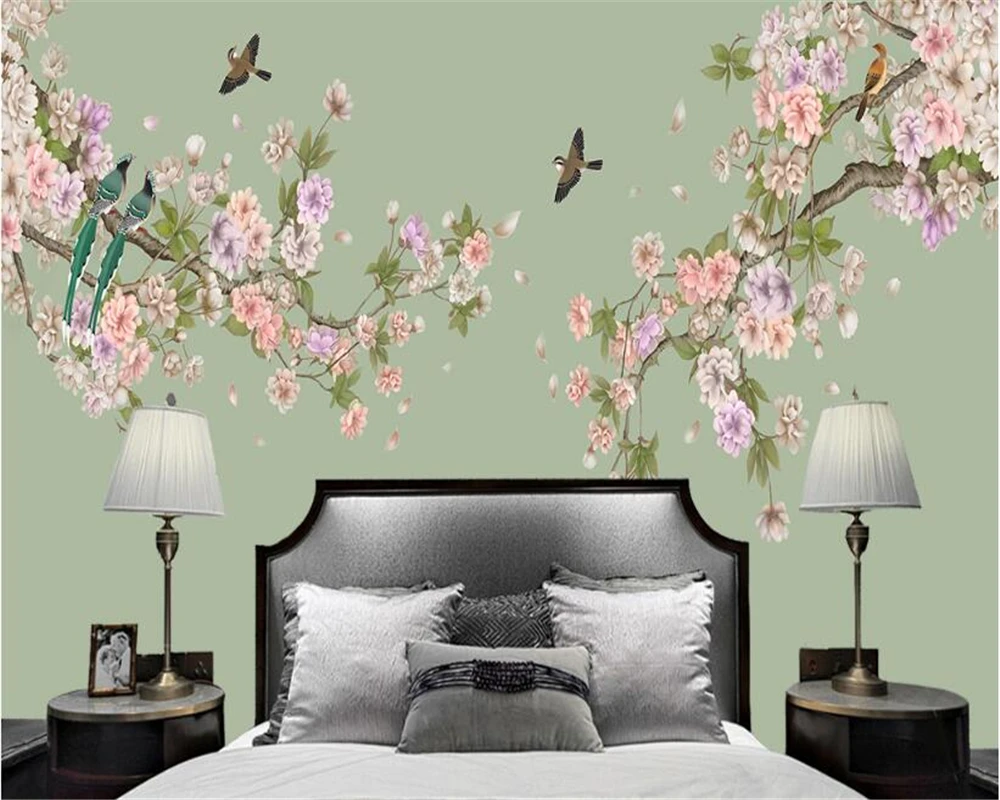 beibehang Crabapple flower new Chinese hand-painted fine brushwork flower bird background decoration painting wallpaper behang jia baomin painting technique tutorial book chrysanthemum lotus chinese freehand drawing pheasant bird eagle crane picture album