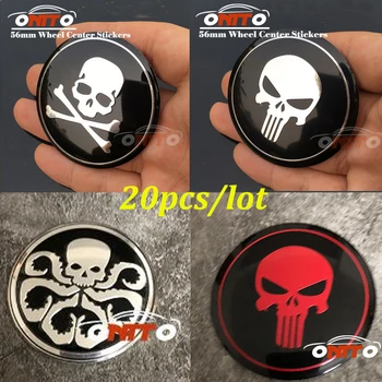 

56mm Aluminum Wheel Center Stickers Car-styling Accessories Car Emblem Badge For For Skull /Bone / punisher /hydra logo 20pcs