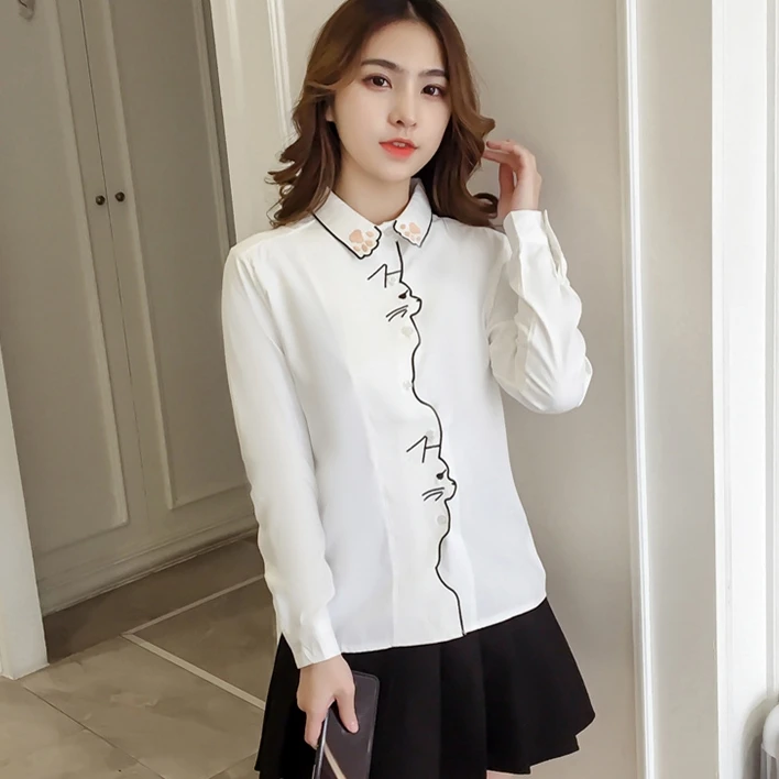  Cute Preppy Style Cartoon Cat Embroidery White Blouse Women Bordered Loose Shirt Tops Long Sleeve A
