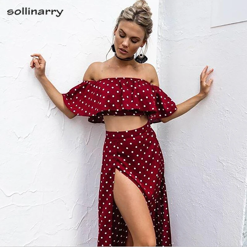 

Sollinarry Off Shoulder Polka Dot summer dress Women 2019 Sexy split maxi dress Women short sleeve boho beach dresses Vestidos