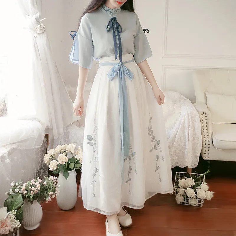 Комплект из двух предметов; улучшенное платье Ципао; костюм; женский костюм в китайском стиле; Hanfu; элегантные комплекты из 2 предметов; летние костюмы с юбкой для девочек-студенток
