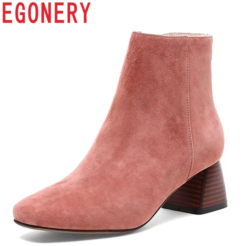 

EGONERY newest 2018 fashion sexy black and pink zipper high square heel solid square toe winter women plush warm ankle boots