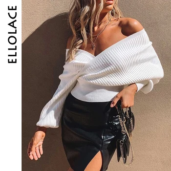 

Ellolace Off Shoulder Deep V Pollover Sweater for Women Jumpers Autumn Oversize Knit Women's Crochet Ladies Winter 2019 Sweaters