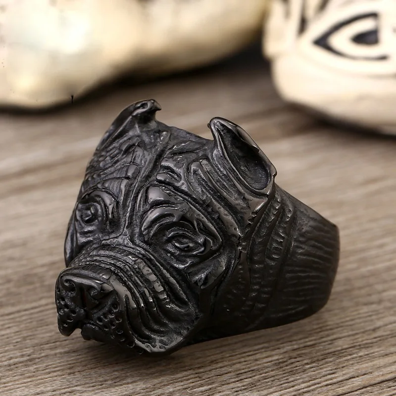 316L нержавеющая сталь титан Животное Питбуль Собака кольцо для мужчин личность уникальные мужские ювелирные изделия размер США - Цвет основного камня: Black