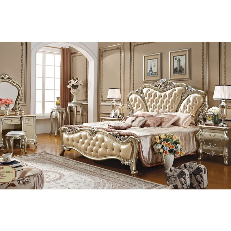 Королевская Золотая кожаная кровать из массива дерева комнаты Комплект мебели для спальни