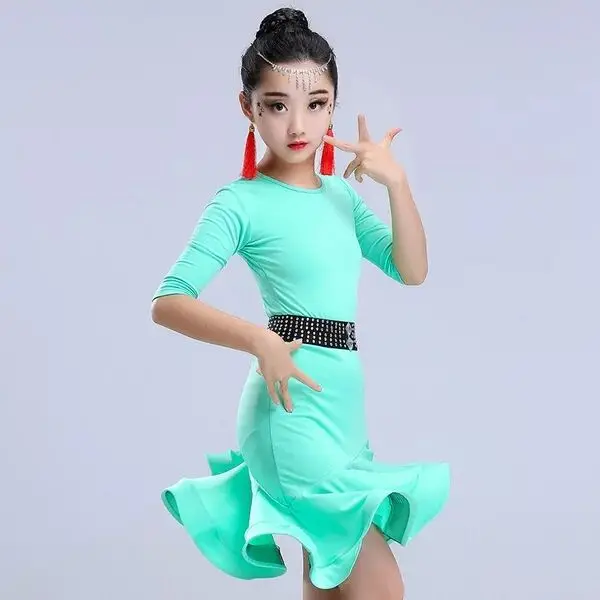 Латинское танцевальное платье для девочек, модные Бальные Танцевальные платья для детей, танцевальная одежда, детские сценические костюмы - Цвет: light green