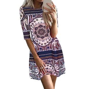

2018 Women Summer Boho Chic Vintage Floral Print Bohemian Sexy Casual Midi Sleeve Short Dress New Arrival