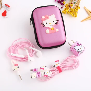 

Cartoon USB Cable Earphone Protector Set With Earphone Box Cable Winder Stickers Spiral Cord Protector For iphone 5s 6 6s 7