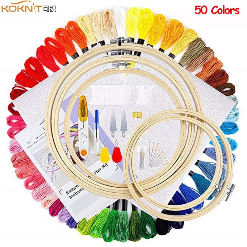 

Embroidery Starter Kit Cross Stitch Set Including 50 Color Embroidery Threads 5 Pieces Bamboo Embroidery Hoops for Beginners