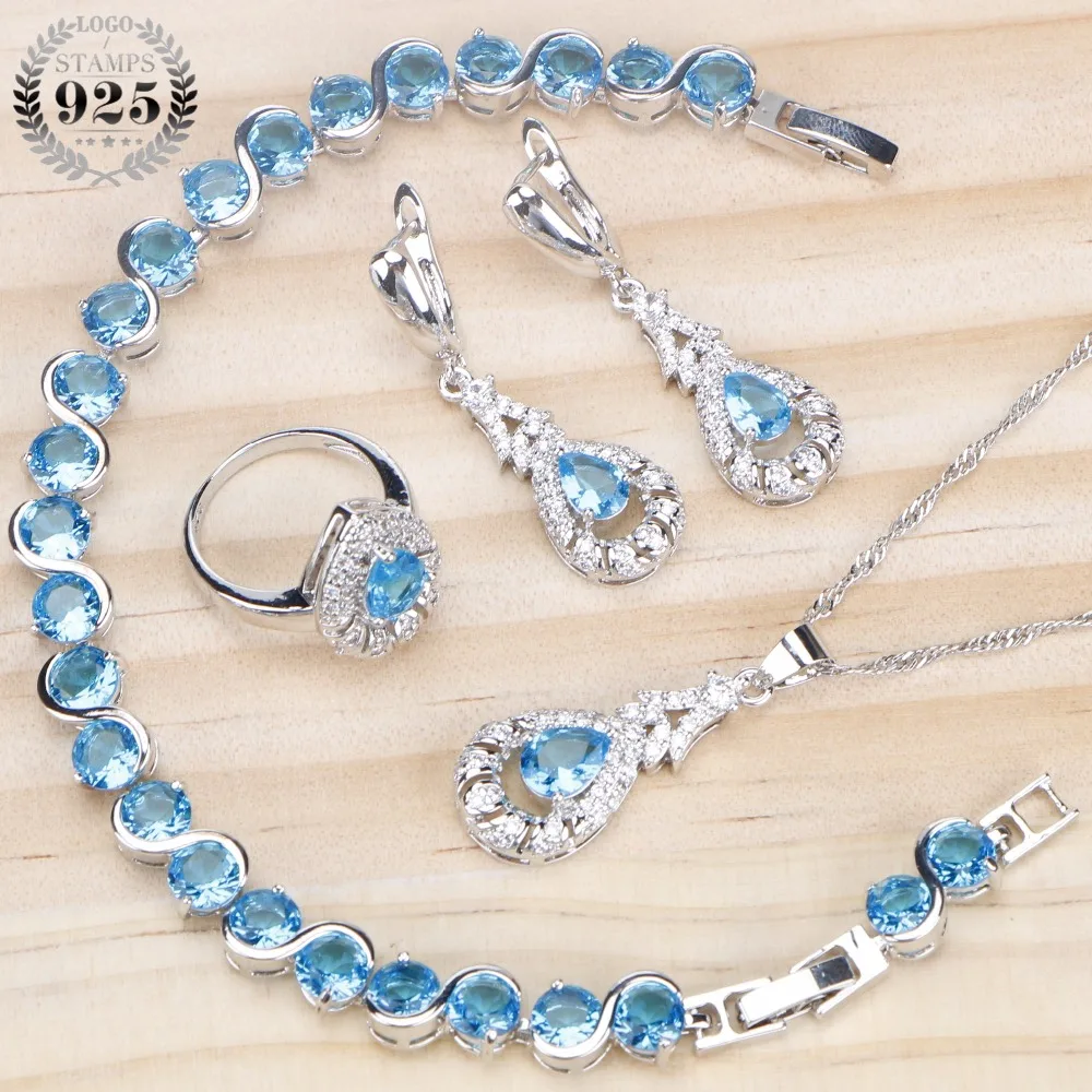 Blue Zircon Costume Jewelry Sets Bridal Women 925 Sterling Silver