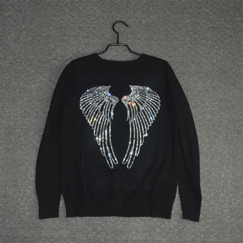Свитер, вязаный кардиган с крыльями сзади, бриллиантами, хлопковая куртка, с v-образным вырезом, яркое однобортное пальто, верхняя одежда, топы - Цвет: Wings