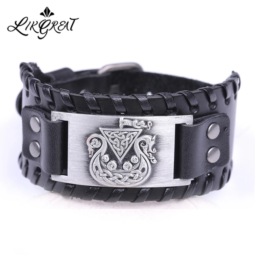 

LIKGREAT Hidden Dragon Pirate Ship Celtics Knot Charm Bracelets for Men Amulet Jewelry Leather Wrap Bracelet Viking Jewelry
