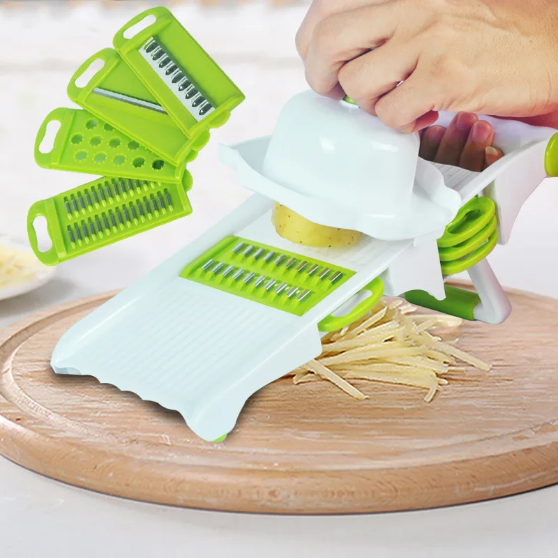 

5-in-1 Stainless Steel Blades Vegetable Madoline Slicer Vegetable Grater Cutter Mandolin Kitchen Gadget Safe with Hand Holder