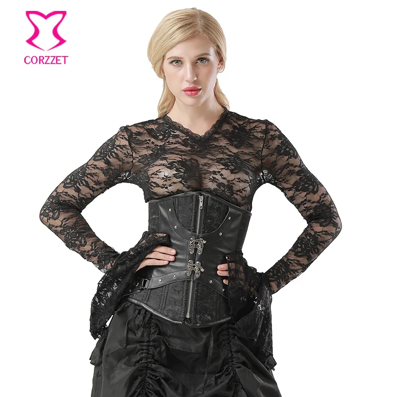 corzzet-black-leather-brocade-steel-boned-zipper-underbust-corsets-and-bustiers-retro-gothic-waist-slimming-steampunk-corselet