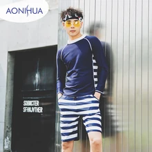 Aonihua Two piece swimsuit Long Sleeve Body Suit Stripes Sport Short Pants Surfing Bathing Suits Sport Suit For Couple цена Aonihua Two piece swimsuit Long Sleeve Body Suit Stripes Sport Short Pants Surfing Bathing Suits Sport Suit For Couple цены онлайн