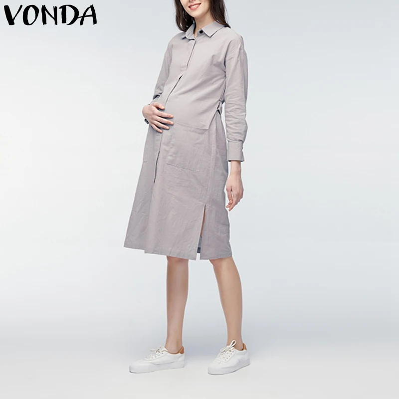 

VONDA Pregnant Women Knee-length Dress 2019 Spring Fall Lapel Long Sleeve Casual Solid Vestidos Plus Size Long Cardigan Outwear