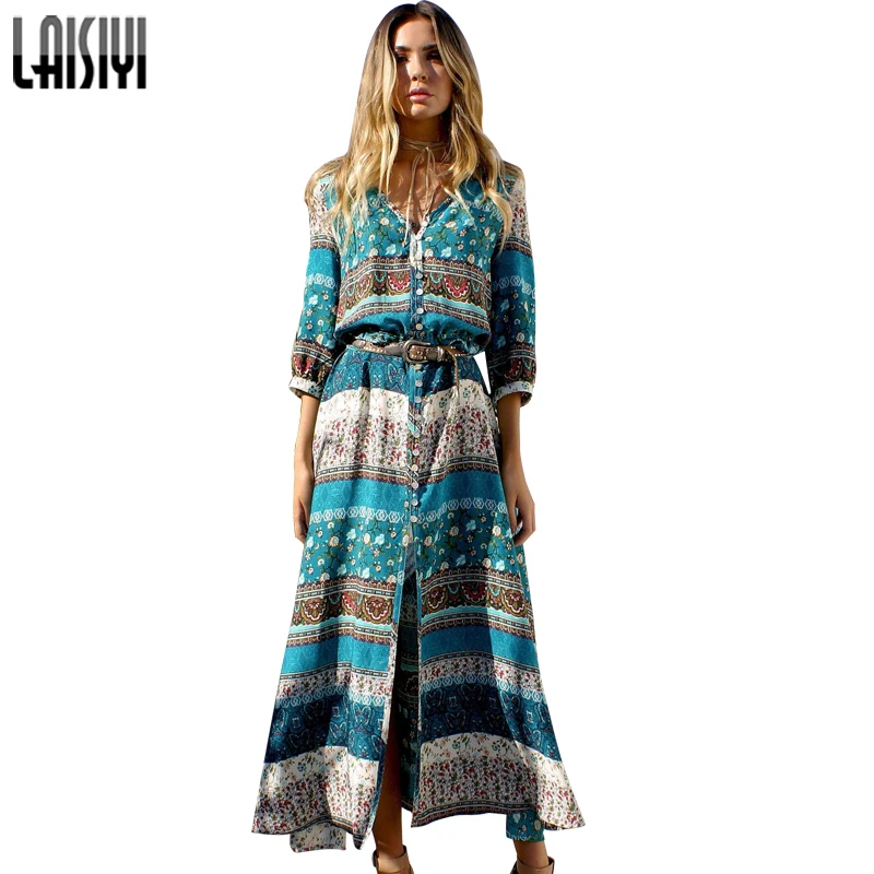 Buy Cheap LAISIYI 2017 Women New Sexy Split Boho Print Dress Vintage Strappy Long Summer Causal Maxi Beach Dresses Vestidos ASDR20103