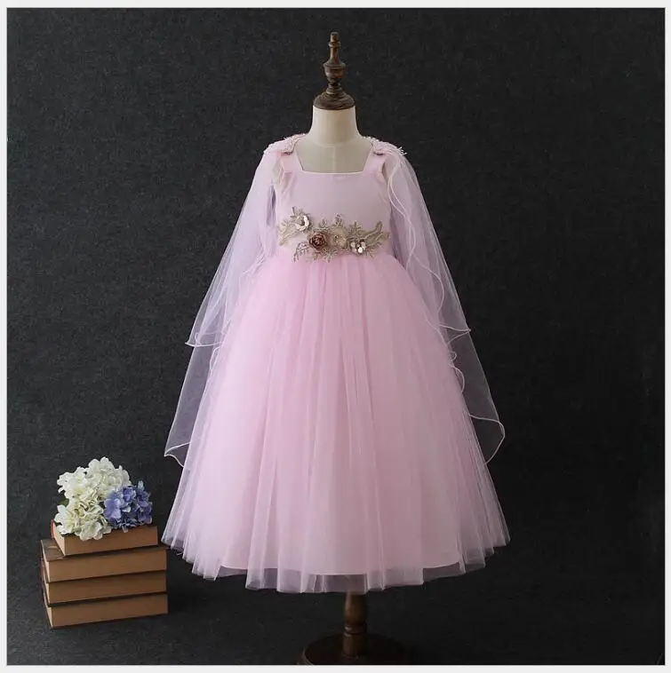 

elegant teens flower embroidery dress with cloak girls sleeveless princess party tulle vestido kids girls fluffy tiered dress