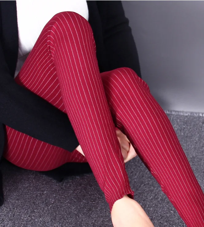 Женские брюки-карандаш большого размера L с высокой талией, хлопковые, смешанные, облегающие, в полоску, весна-осень, новые обтягивающие леггинсы цвета хаки, красный, черный