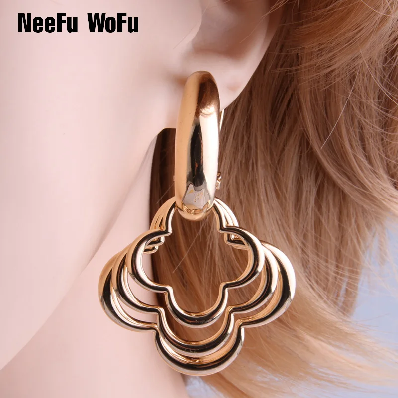 

NeeFu WoFu Drop Big Earring Clover Earrings for woman Dangle Zinc alloy Large Long Brinco Printing Ear Accessories Oorbellen