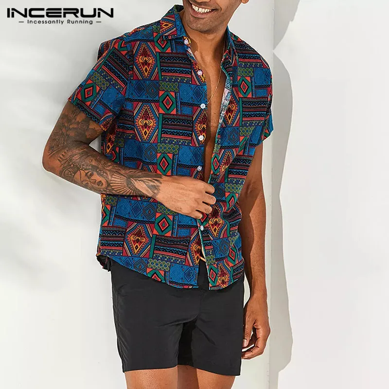 INCERUN 2019 принт в этническом стиле мужская рубашка с короткими рукавами хлопок Ретро дышащие свободные мужские пляжные Гавайские рубашки