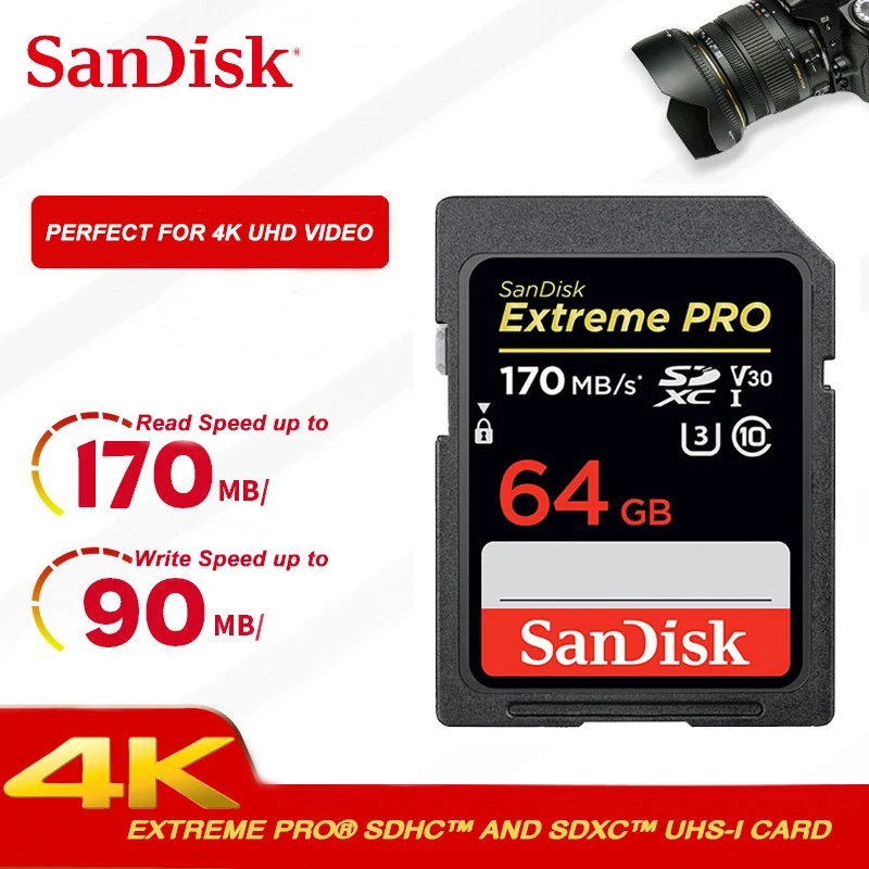 Двойной Флеш-накопитель SanDisk Extreme PRO sd карты 128 ГБ 256 SDXH до 170 МБ/с. скорость чтения cartao de memoria 64 ГБ 32 ГБ оперативной памяти, 16 Гб встроенной памяти, до 95 МБ/с. скорость чтения