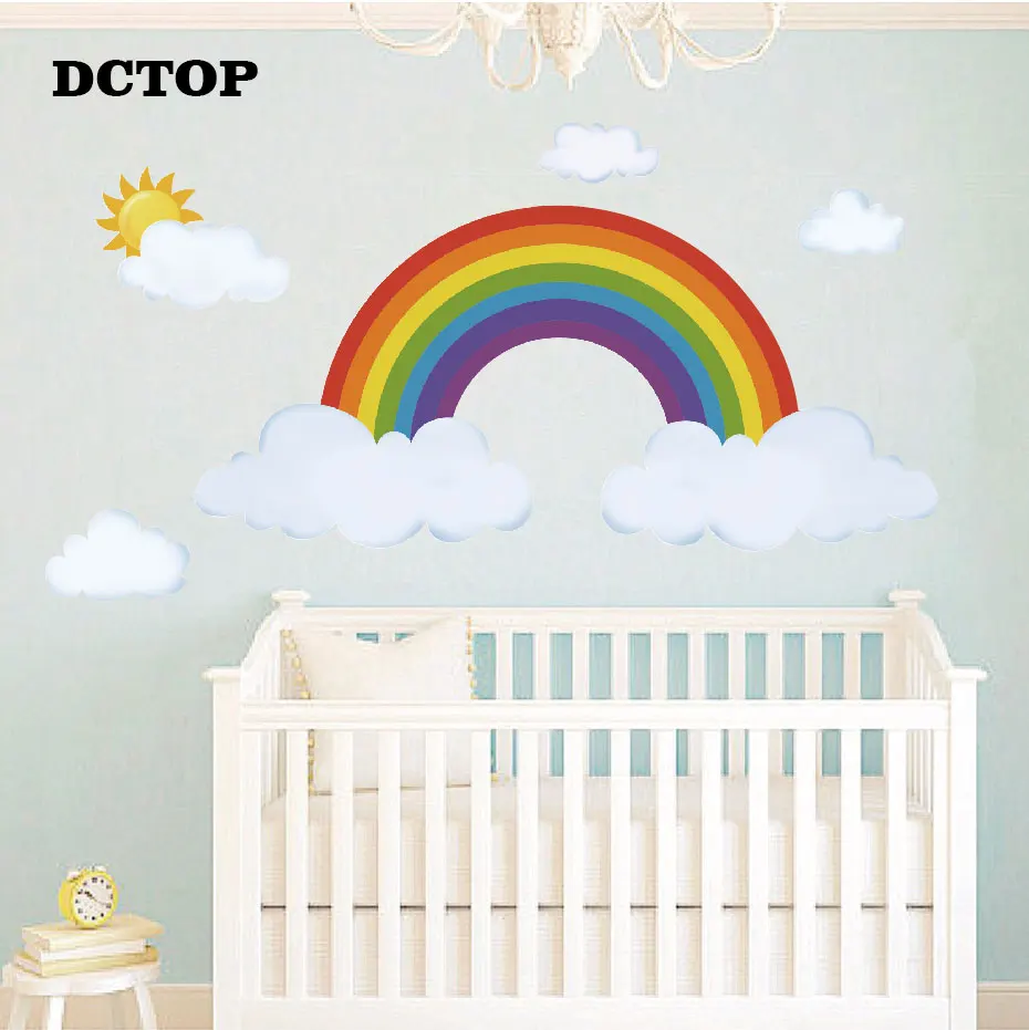 Sun and Rainbow with Cloud Wall Decal Kids Children's Art Vinyls Stickers Bedroom Nursery Baby Room Home Decorative Wallpaper