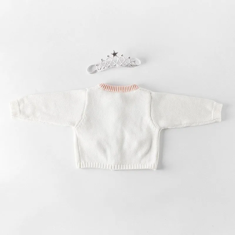 Хлопковая одежда для маленьких девочек; сезон осень-зима; цвет белый, розовый; вязаная шерстяная куртка с длинными рукавами и карманами; свитер; Ползунки для новорожденных; одежда для малышей