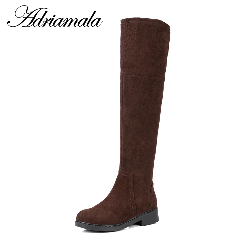 

2018 Genuine Leather Over The Knee Women Boots Zip Round Toe Square Heel Cow Leather Black Over The Knee Boots Adriamala