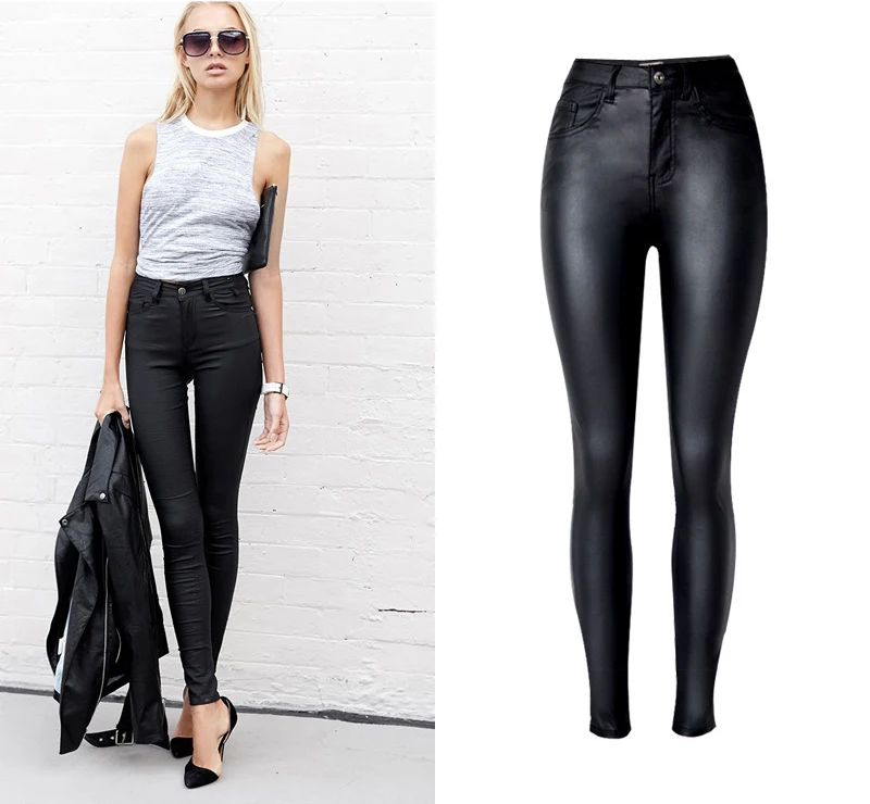 2017 New Hot Eu Models Women Sexy Slim PU Pockets Leather Pencil Pants Motor Style All-Match Fleece Trousers Slim Faux Leather (1)