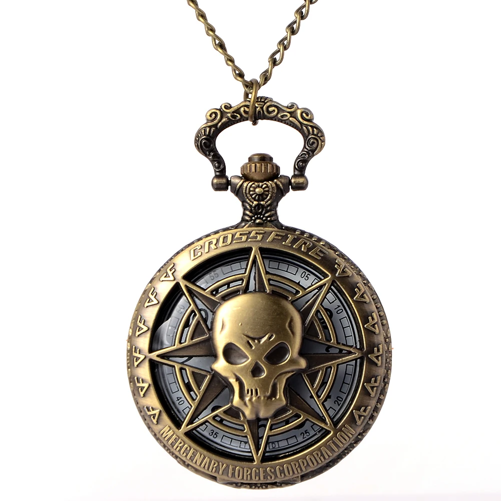 Винтажные бронзовые, в стиле стимпанк кварцевые карманные часы Хэллоуин Карибский пиратский череп голова ужас с серебряной цепочкой для Для мужчин кулон Цепочки и ожерелья