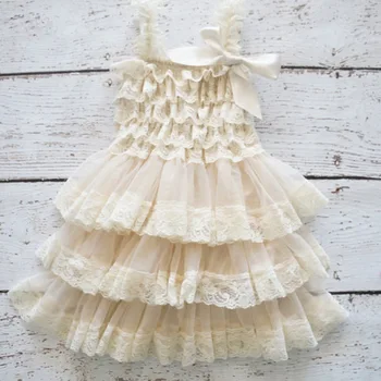 

New Retail Girls Ivory Lace Ruffles Cake Dress Baby 3Layers Chiffon Tutus with Straps and Ribbon Bow Kids Wedding Party Dresses