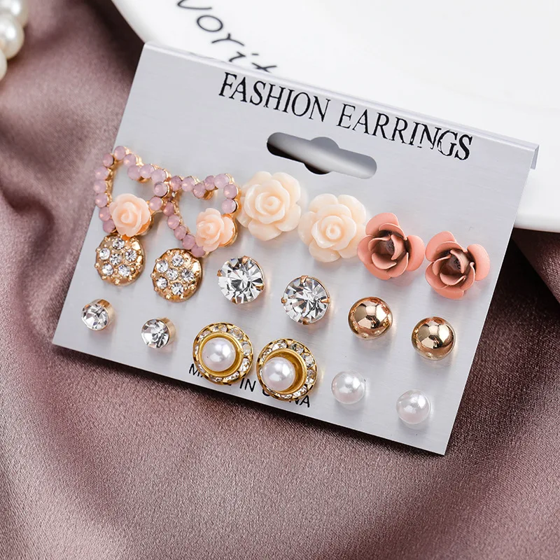 

9 Pairs/set Crystal Rhinestone Rose Flower Stud Earrings For Women Simulated Pearl Earrings Sets Heart Lover Jewelry Decoration