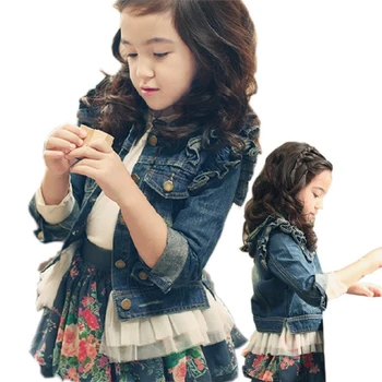 

girls denim jacket 3-13 year children Single-breasted pocket girls gift Classic blue color Lace hem Fungus Foreign trade hot