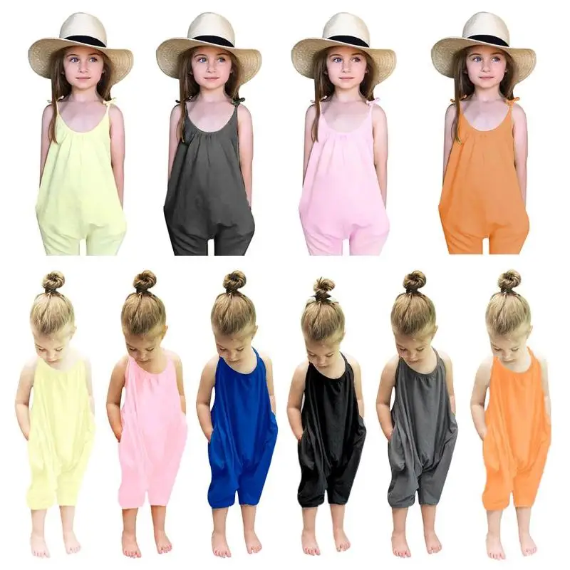 

Summer 2019 Kids Baby Girls Strap Jumpsuit Cotton Sleeveless Sling Solid Color Rompers Baby Girl Clothes Baby Rompers