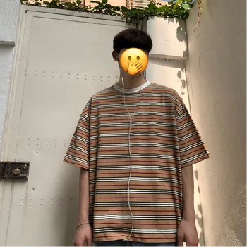 

Summer New T Shirt Men's Fashion Striped Casual Short-sleeved Tshirt Man Streetwear Trend Wild Hip-hop Loose Cotton T-shirt
