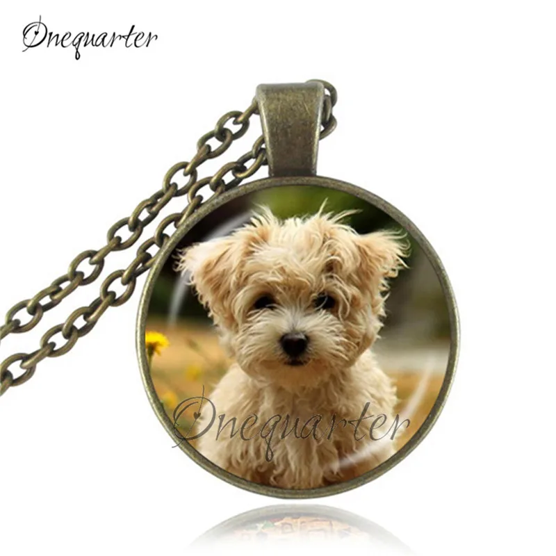 Dog pendant necklace two black dogs picture puppy jewelry glass