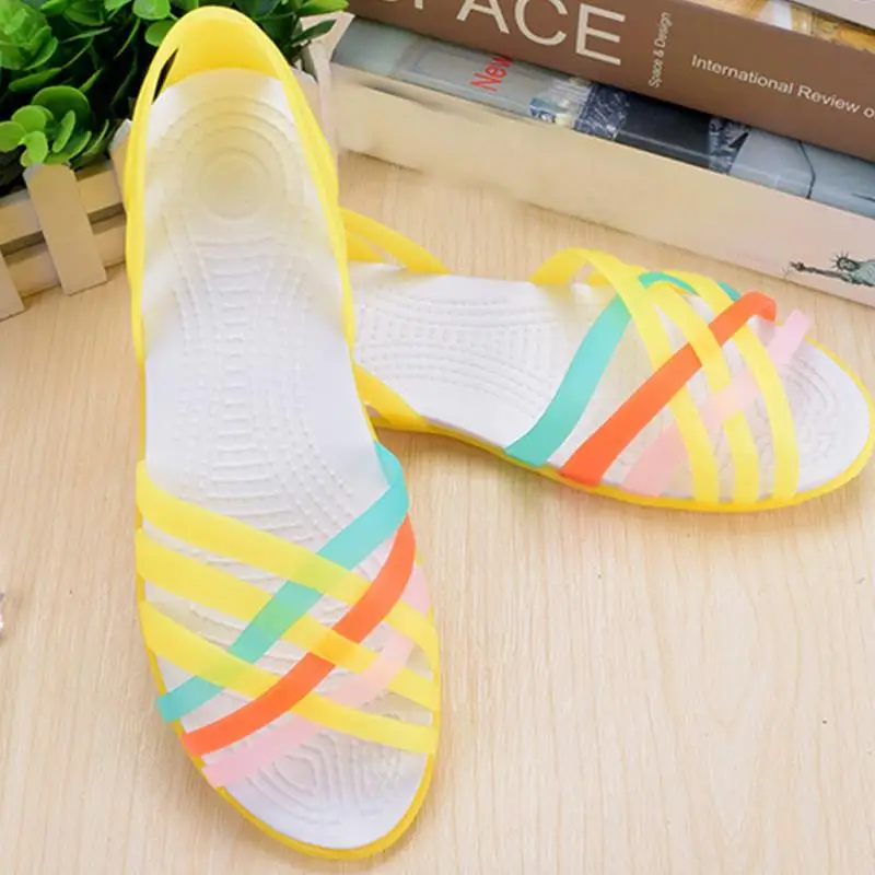 

Women Sandals 2018 New Candy Color Women Shoes Jelly Hollow Peep Toe Round Head Beach Rainbow Flats Sandals